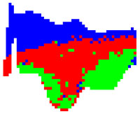 Supervised classification of restored polarized EMISAR data using Multiple Discriminant Analysis. The data cover a small semi-natural wetland environment in the river valley of Gjern in Denmark. The classes represent various vegetation and soil moisture characteristics. Blue represents a wet marsh. Red represents a humid part of the area where the plant species Deschampsia caespitosa was prevailing. The green colour represents a dry area where Alopecurus pratensis  was dominating.