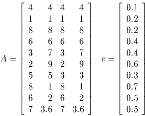 \begin{displaymath} \begin{array} {cc} A = \CENTER[ \begin{array} {rrrr} 4 & 4 & 4...  ...\  0.3 \\  0.7 \\  0.5 \\  0.5 \end{array} \right] \end{array} \end{displaymath}