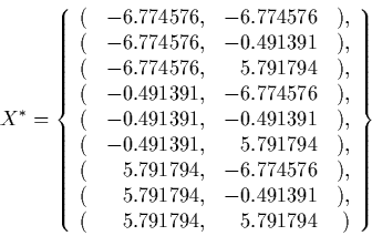 \begin{displaymath} X^* = \CENTER\{ \begin{array} {rrrr} ( & -6.774576, & -6.77457... ...91 & ), \\ ( & 5.791794, & 5.791794 & ) \\ \end{array}\right\} \end{displaymath}